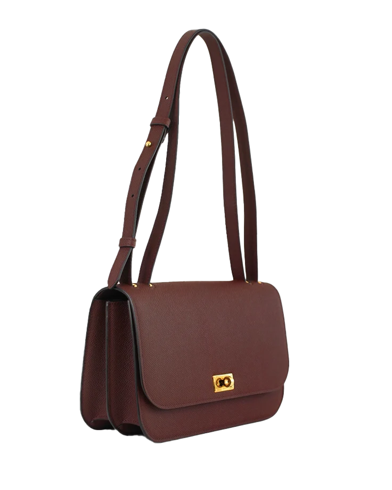 Leather Flap Bag Elysee East and West in Prune - Michino Paris