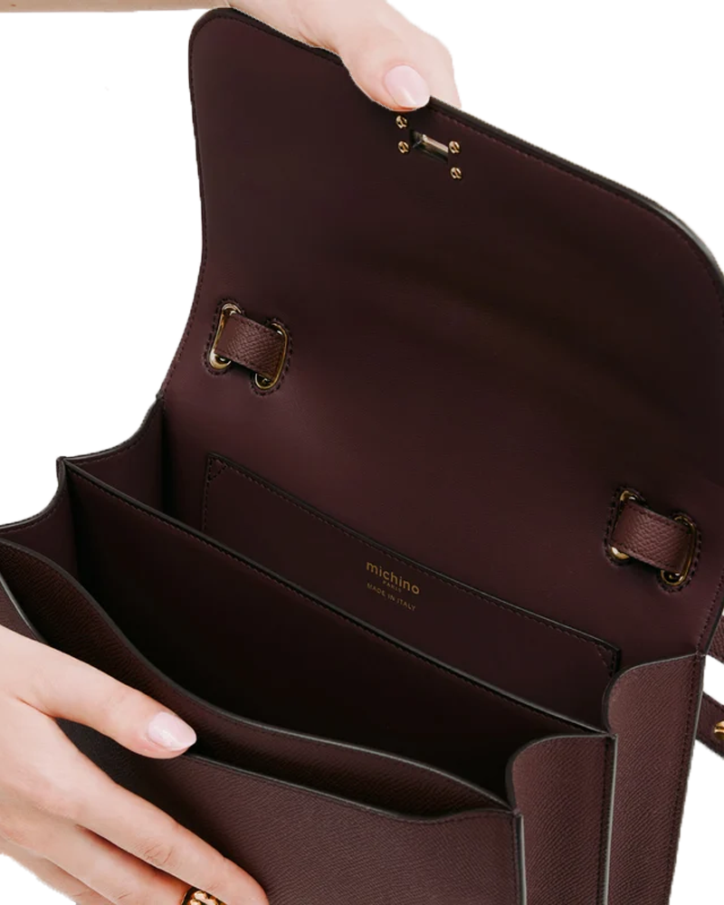 Leather Flap Bag Elysee East and West in Prune - Michino Paris