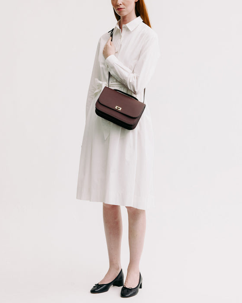 Leather Flap Bag Elysee East and West in Prune - Michino Paris