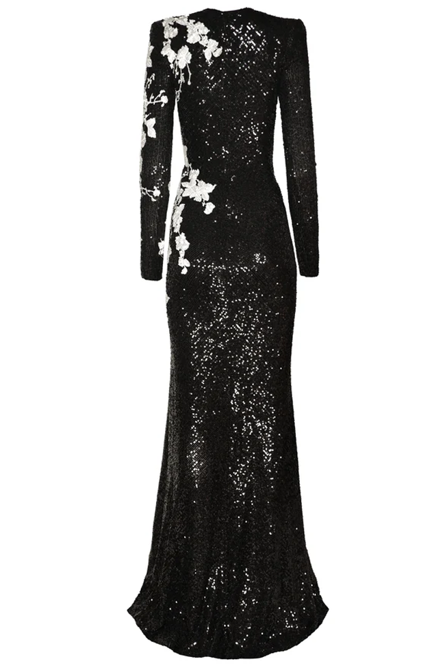 Long Sleeve Sequin Gown with Floral Embroidery