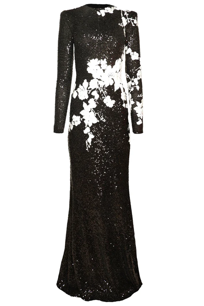 Long Sleeve Sequin Gown with Floral Embroidery