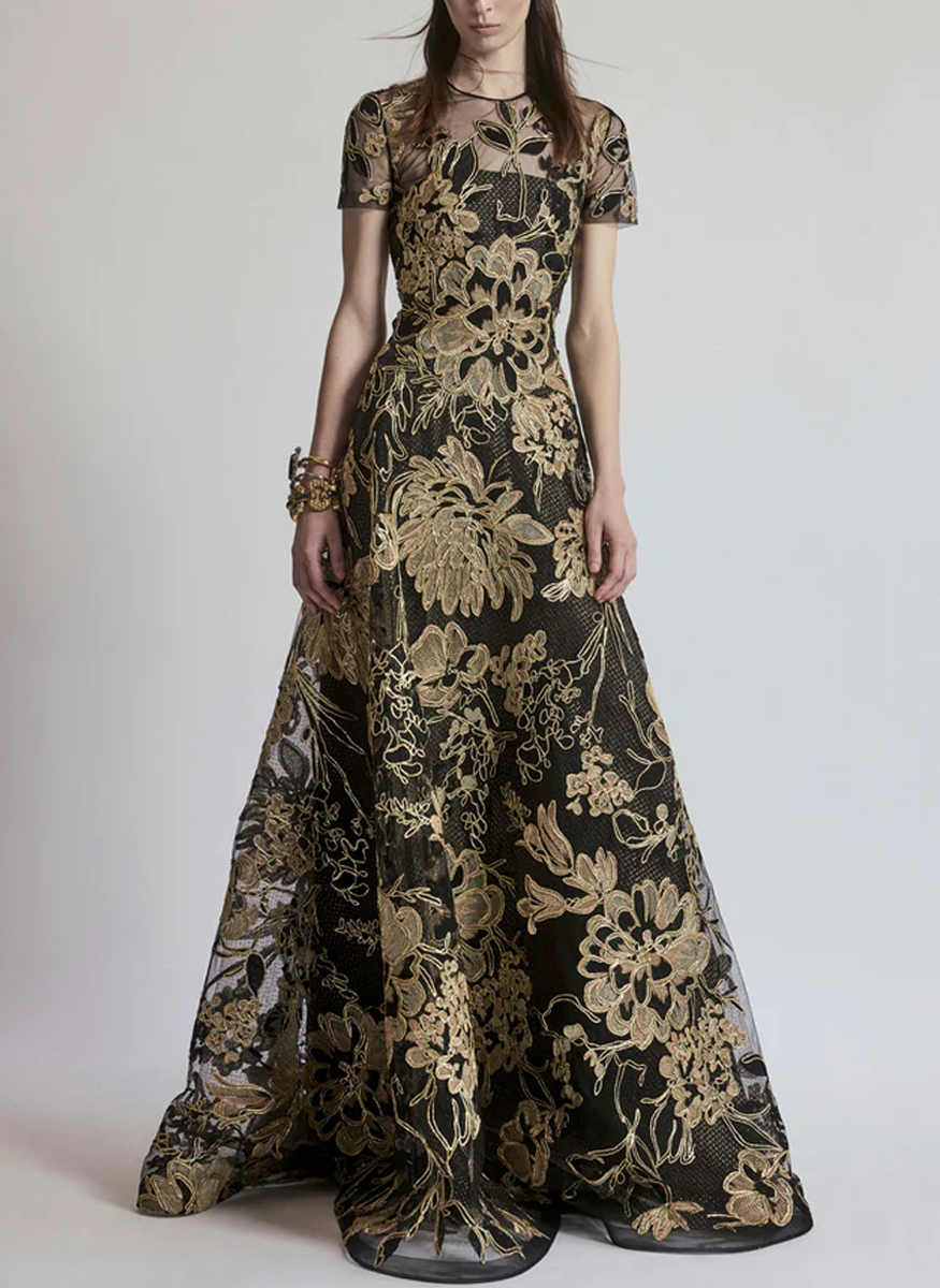 Metallic Raffia Jewel Neck Short Sleeve Gown - Naeem Khan