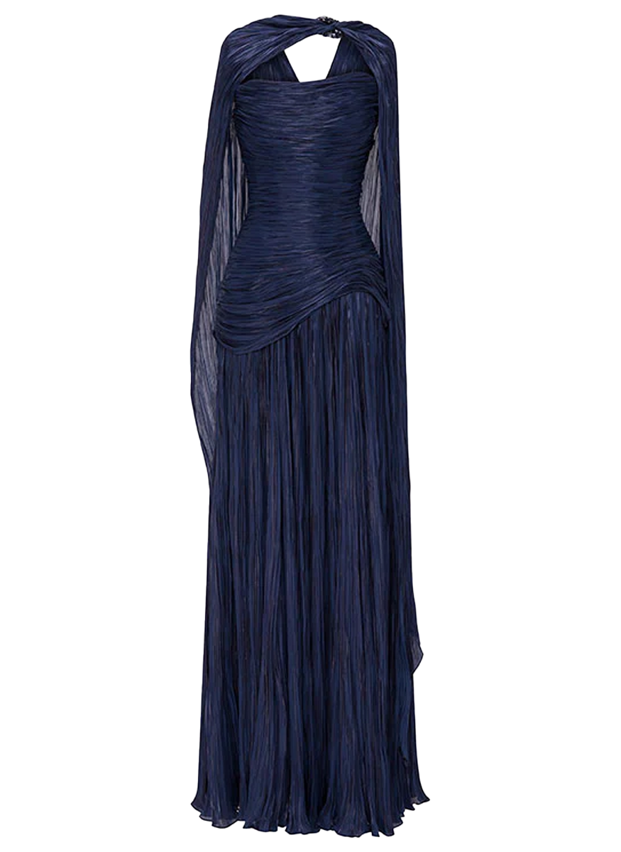 Hand Pleated Silk Organza Gown with Cape