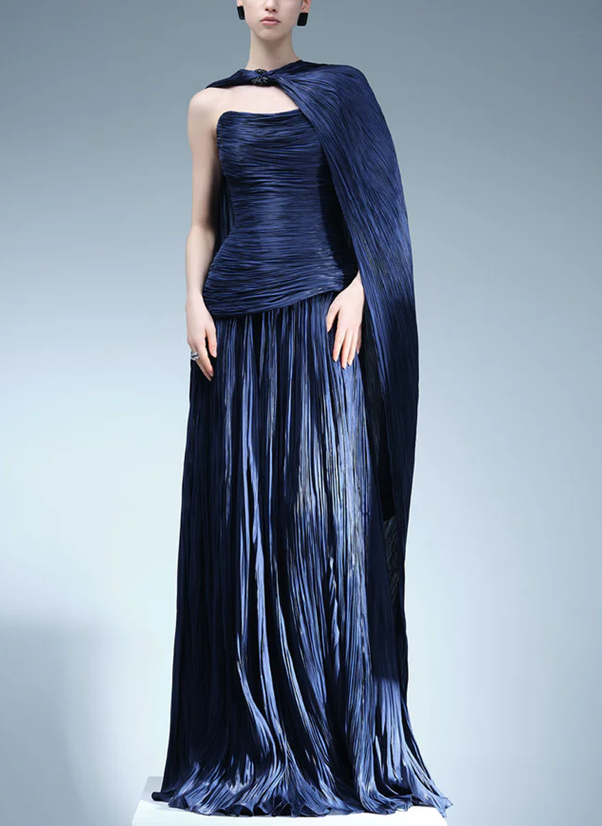 Hand Pleated Silk Organza Gown with Cape