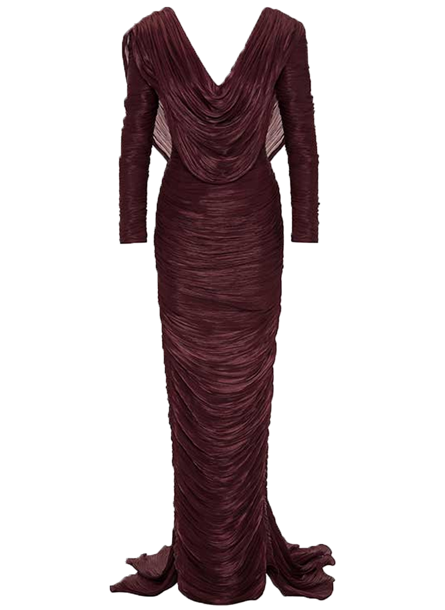 Draped Neck Long Sleeve Pleated Gown