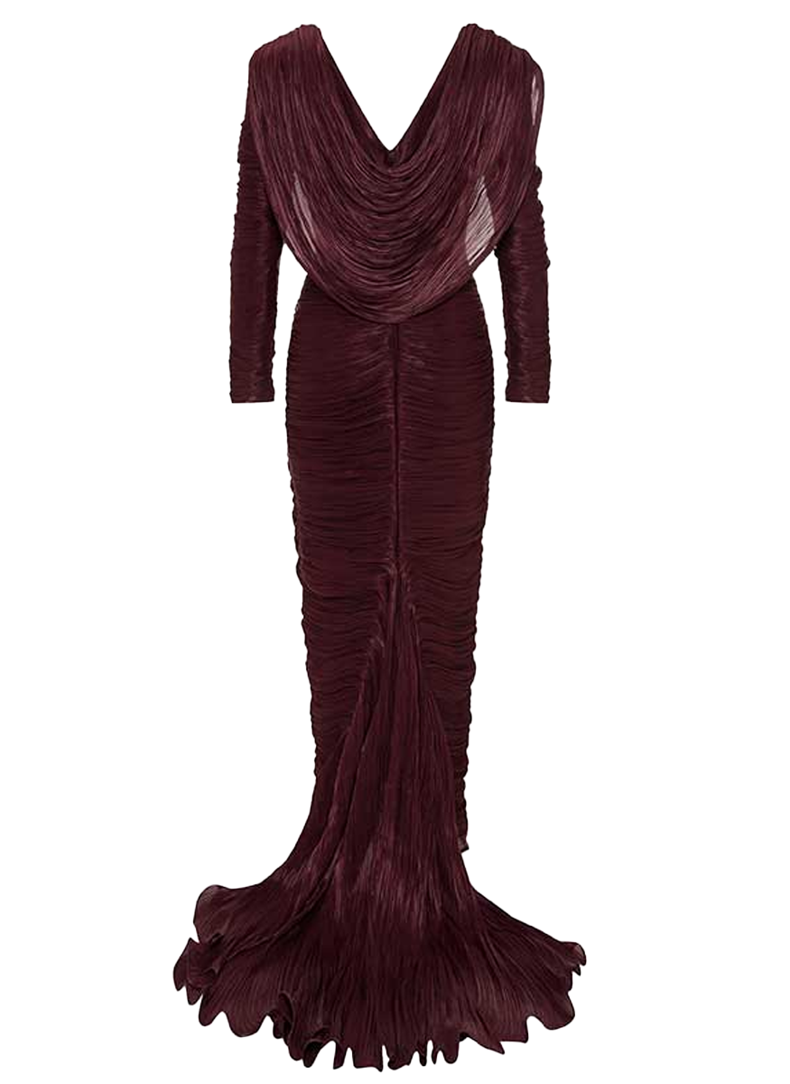Draped Neck Long Sleeve Pleated Gown - Marmar Halim