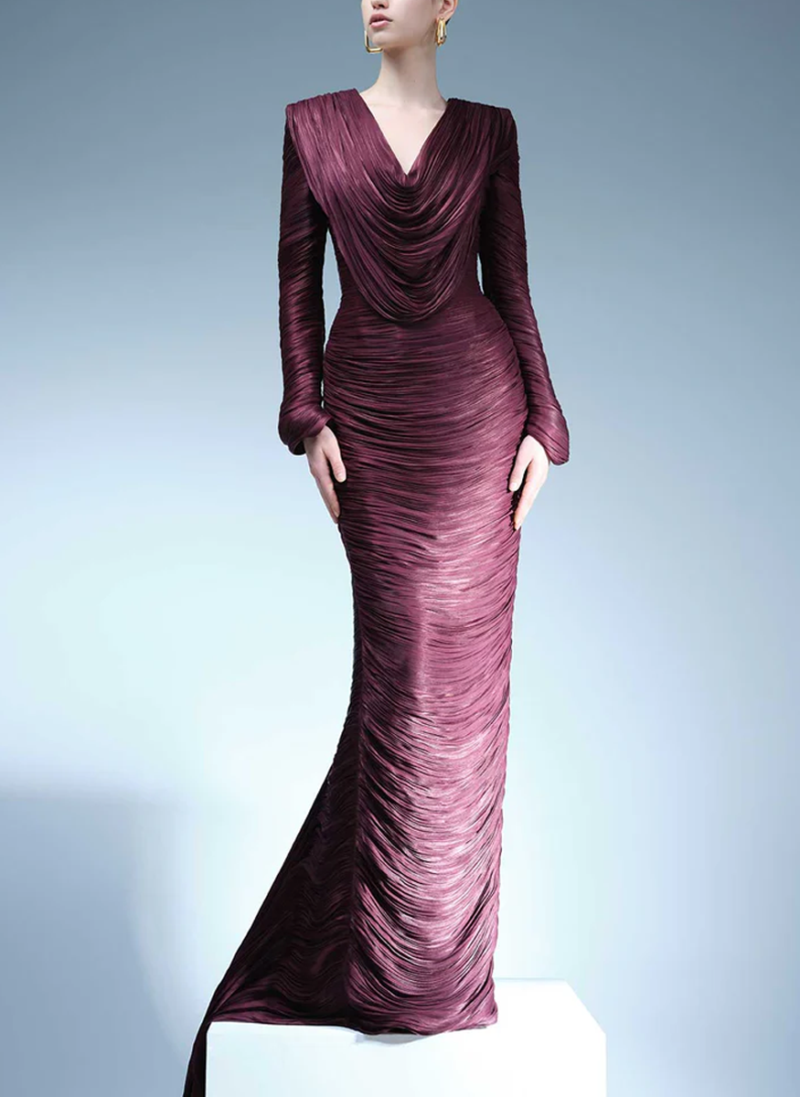 Draped Neck Long Sleeve Pleated Gown
