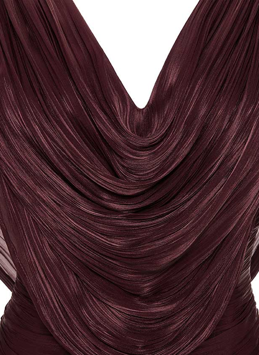 Draped Neck Long Sleeve Pleated Gown - Marmar Halim