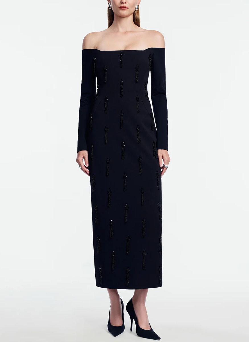 Tassel Embroidered Stretch Cotton Off The Shoulder Dress - Lela Rose