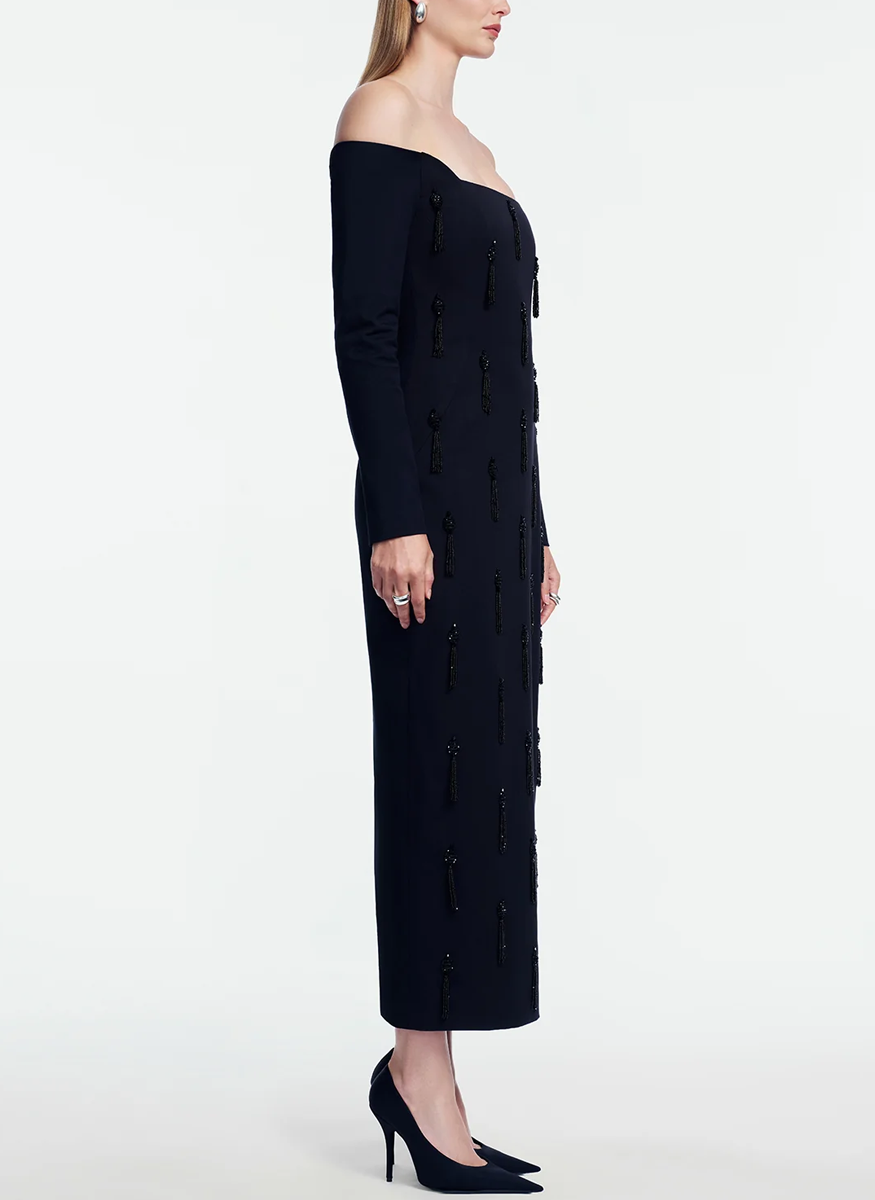 Tassel Embroidered Stretch Cotton Off The Shoulder Dress - Lela Rose