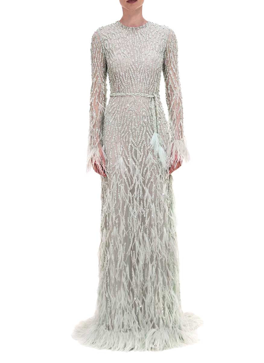 Embroidered Long Sleeve Gown With Feather - Reem Acra