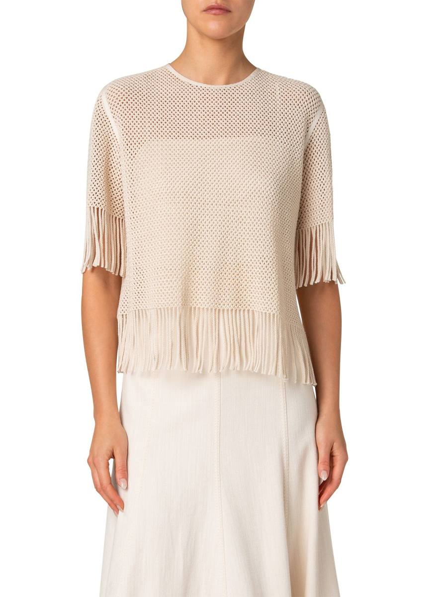 Fringed Hemline Mesh Short Sleeve Blouse