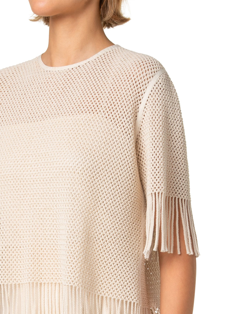 Fringed Hemline Mesh Short Sleeve Blouse - Akris Punto