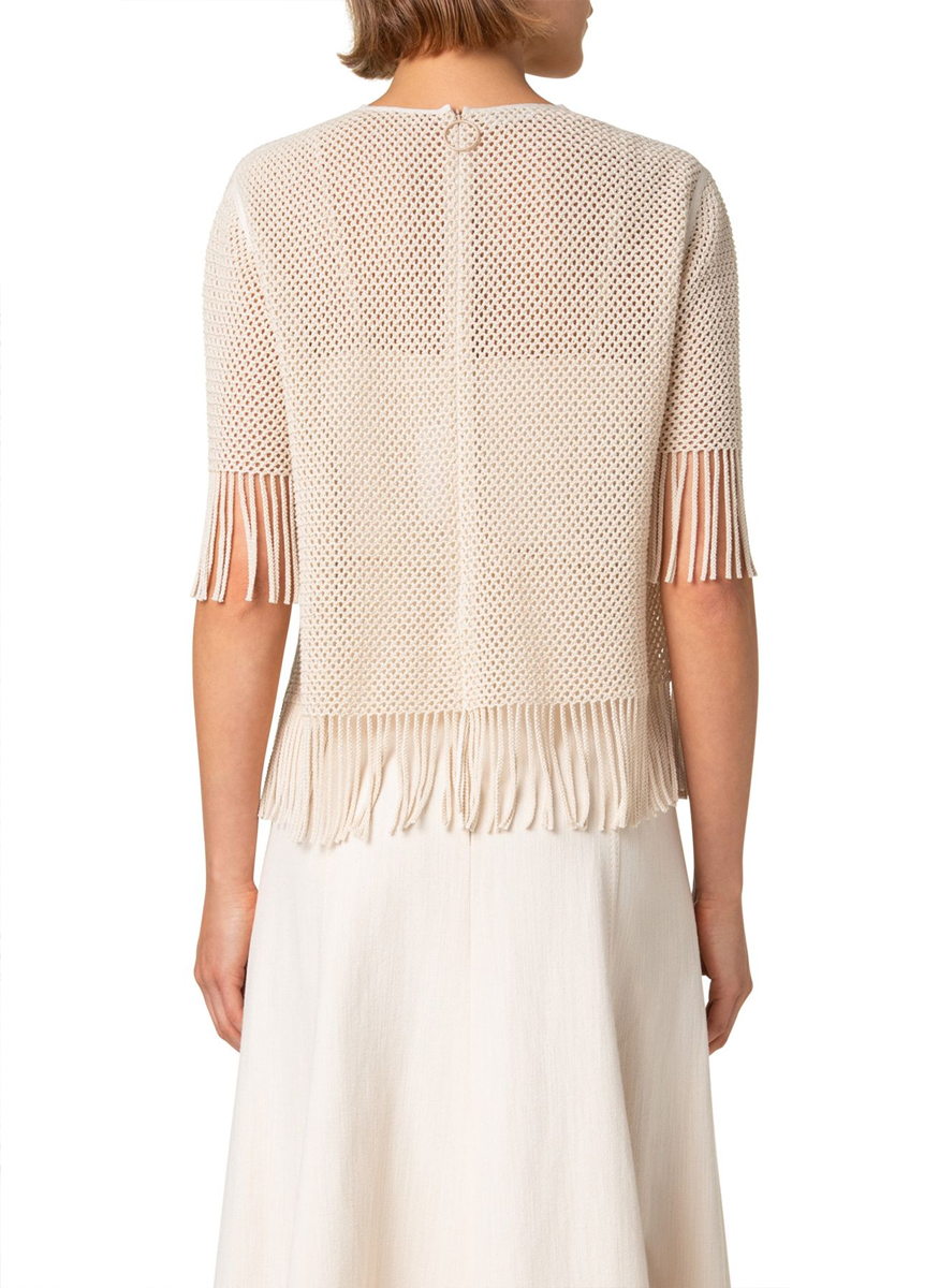 Fringed Hemline Mesh Short Sleeve Blouse - Akris Punto