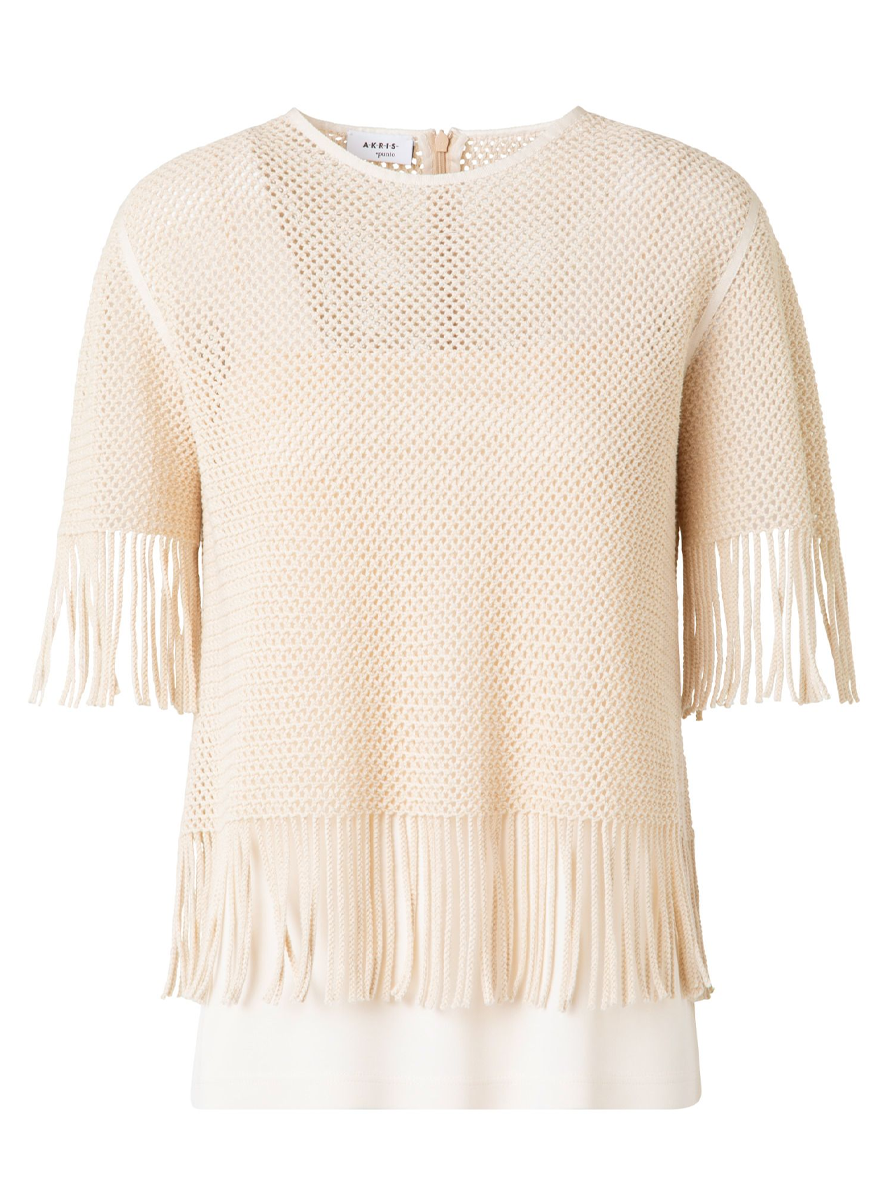 Fringed Hemline Mesh Short Sleeve Blouse