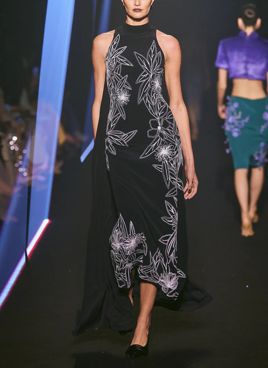Halter Crepe Gown with Embroidered Floral and Cape