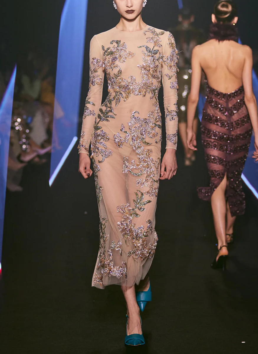 Beaded Tulle Metallic Floral Long Sleeve Gown