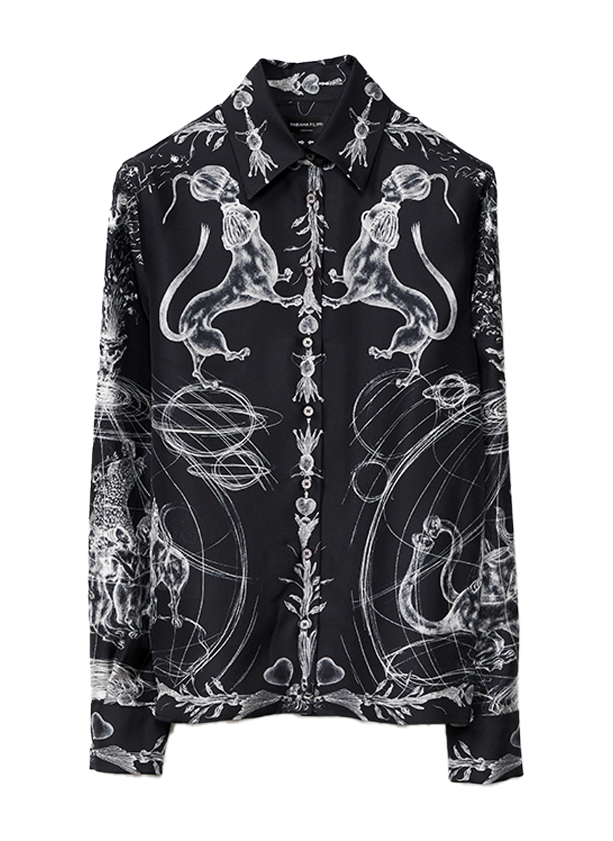 Printed Silk Twill Long Sleeve Shirt in Midnight Blue