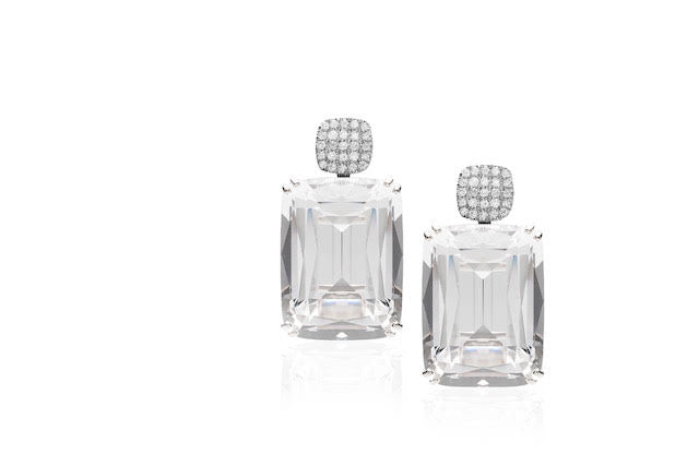 Gossip Cushion Rock Crystal Earrings, White Gold