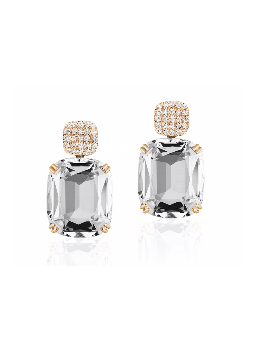 Gossip Cushion Rock Crystal Earrings, Yellow Gold