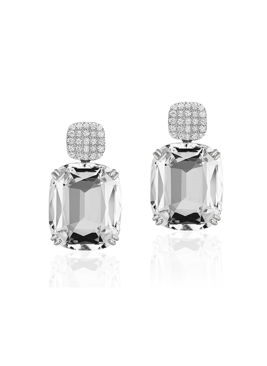Gossip Cushion Rock Crystal Earrings, White Gold