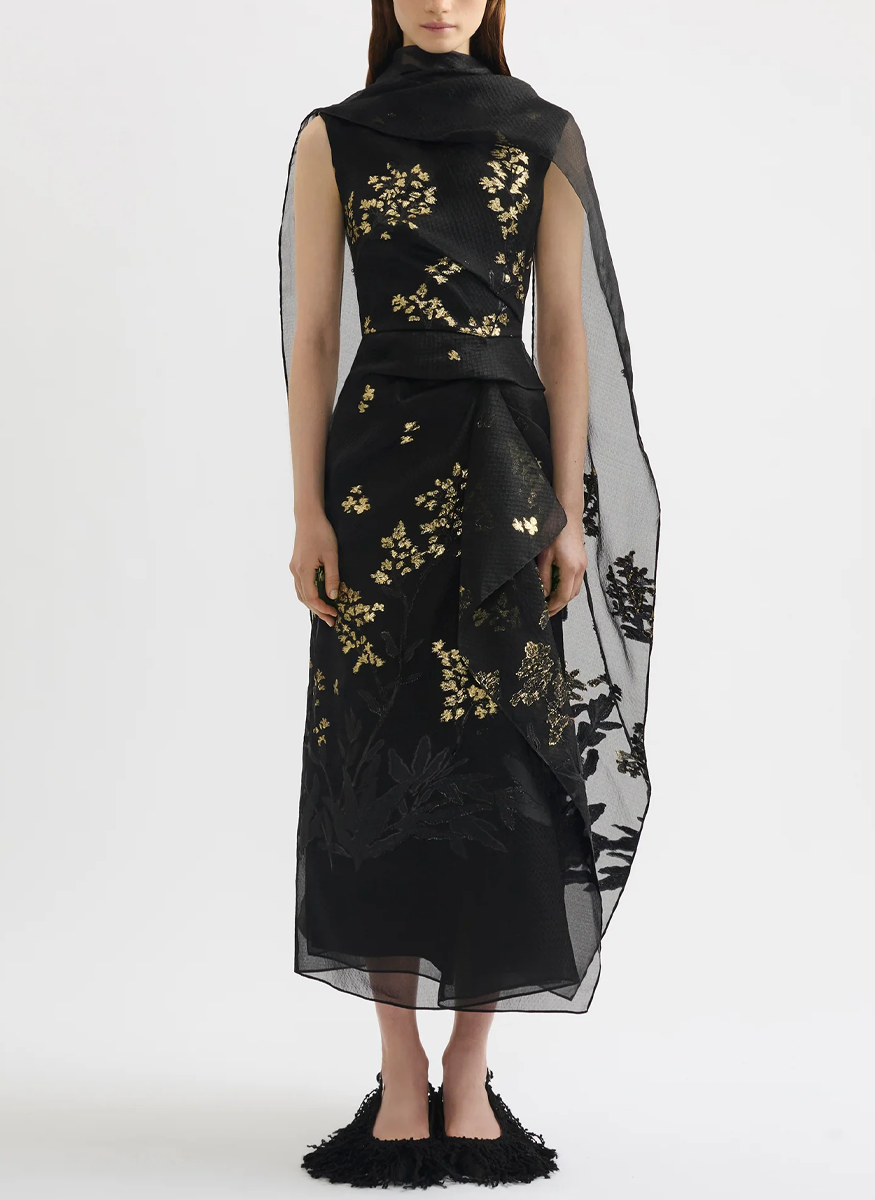 Organza Fil Coupé Draped Midi Dress