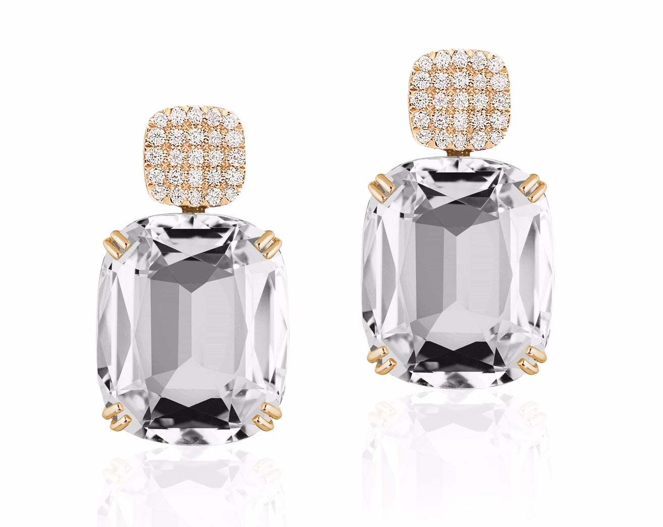 Gossip Cushion Rock Crystal Earrings, Yellow Gold