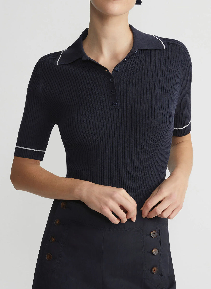 Ribbed Buttoned Polo With Piping - Lafayette 148 New York