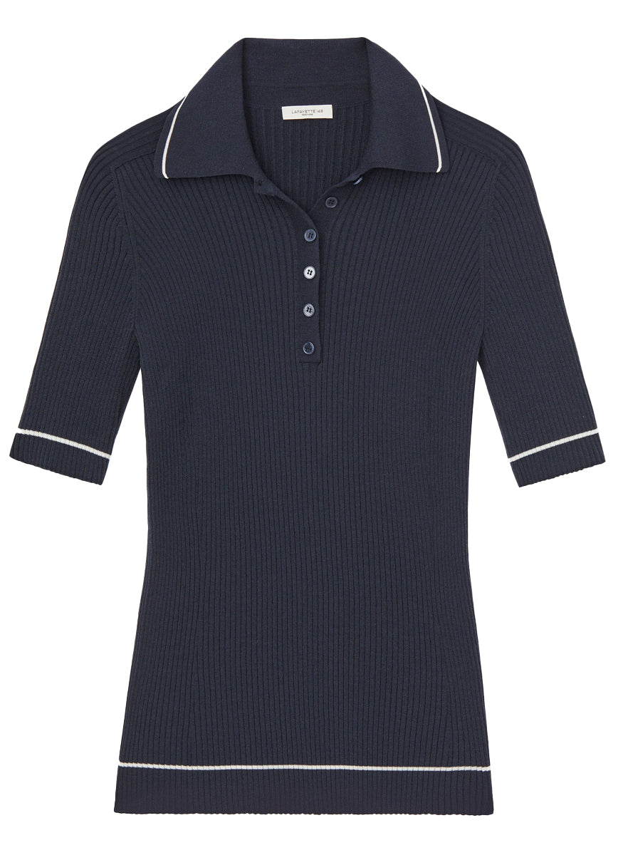 Ribbed Buttoned Polo With Piping - Lafayette 148 New York