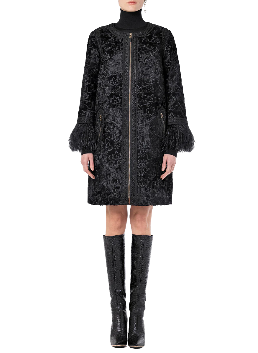 Jacquard Zip Coat with Ostrich Feathers