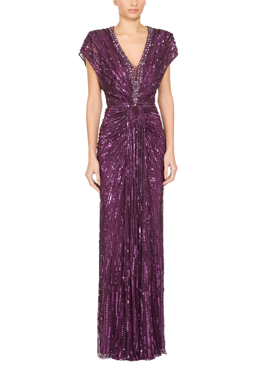 Lacie Beaded V-Neck Draped Gown - Jenny Packham
