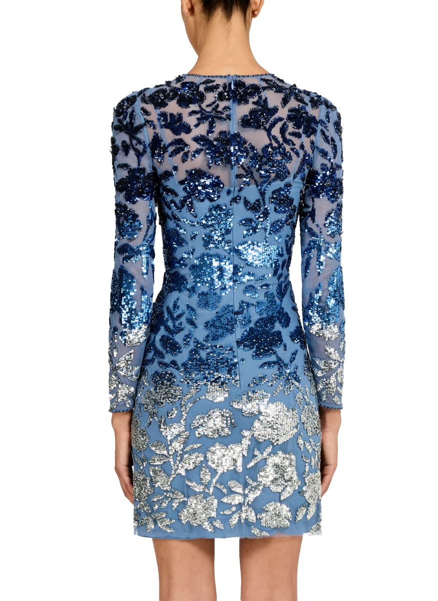 embellished long sleeve mini dress in blue Embellished Wrap Over A-Line Mini Dress in Sapphire - 2