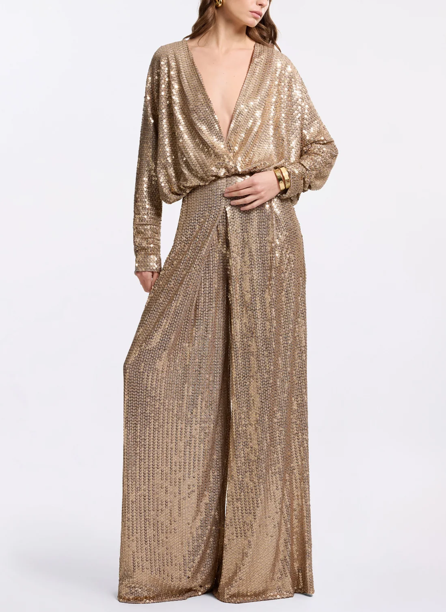 V-Neck Sequined Jersey Jumpsuit