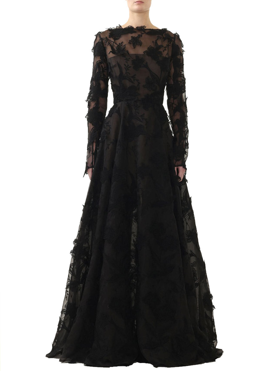 Embroidered Organza Long Sleeve Gown