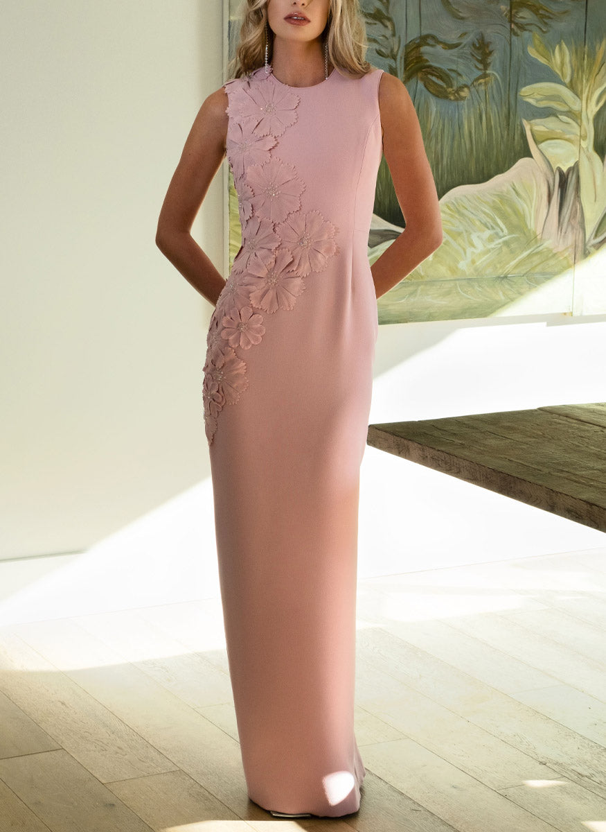 Jewel Neck Gown with Floral Spray in Rose Pink Spanish Crepe