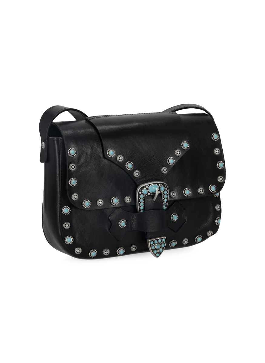 Kaya Calf Leather Turquoise Bag in Black