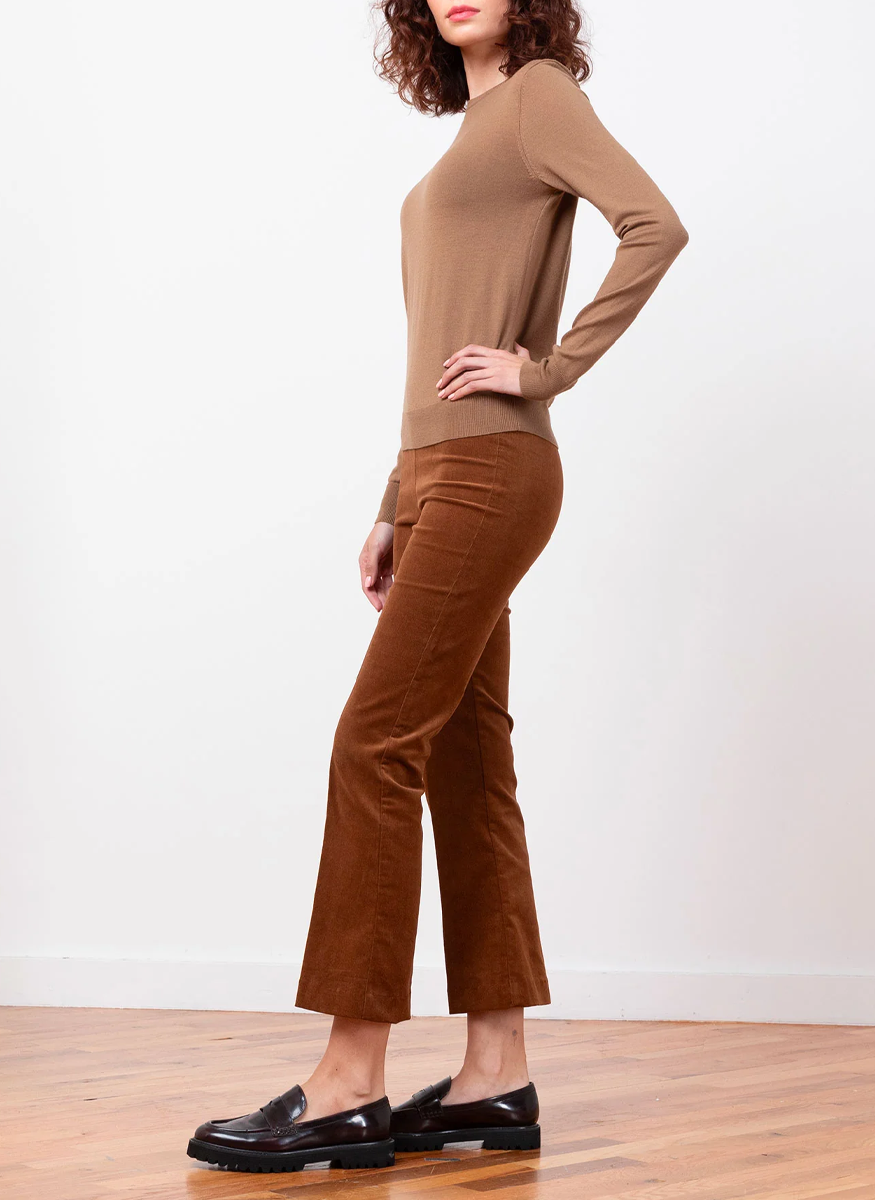 Leo Fine Corduroy Crop Flare Pant in Cognac - Avenue Montaigne