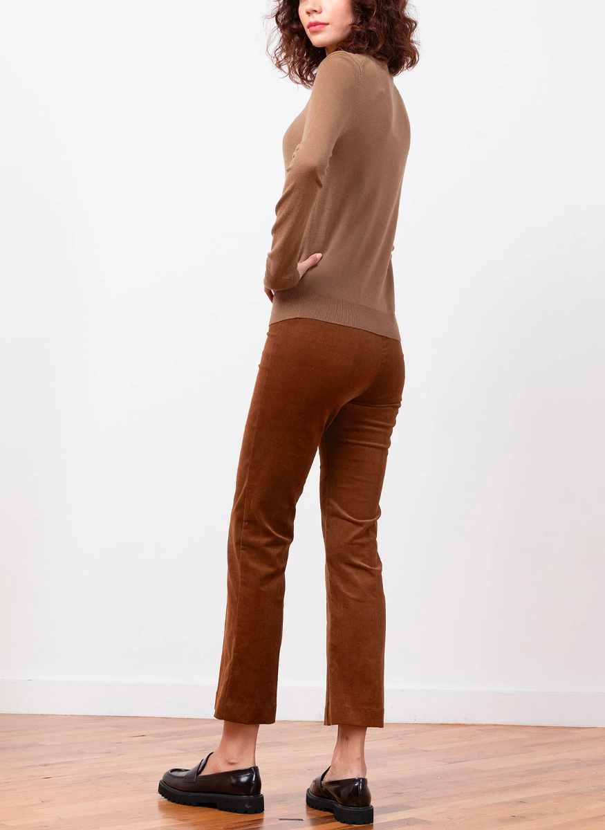 Leo Fine Corduroy Crop Flare Pant in Cognac - Avenue Montaigne