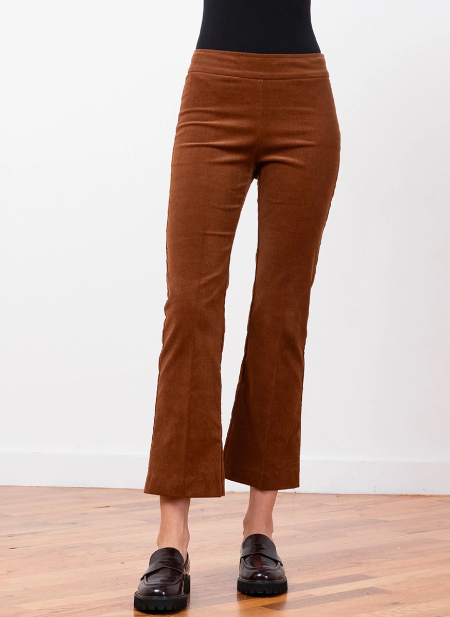 Leo Fine Corduroy Crop Flare Pant in Cognac - Avenue Montaigne