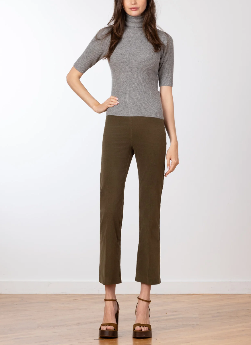 Leo Fine Corduroy Crop Flare in Olive - Avenue Montaigne