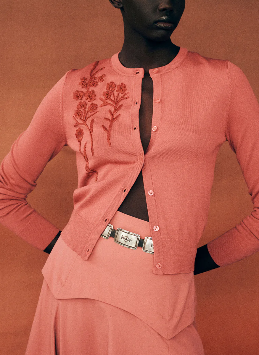 Long Sleeve Cardigan with Raffia Flower Embroidery in Berry - Lela Rose