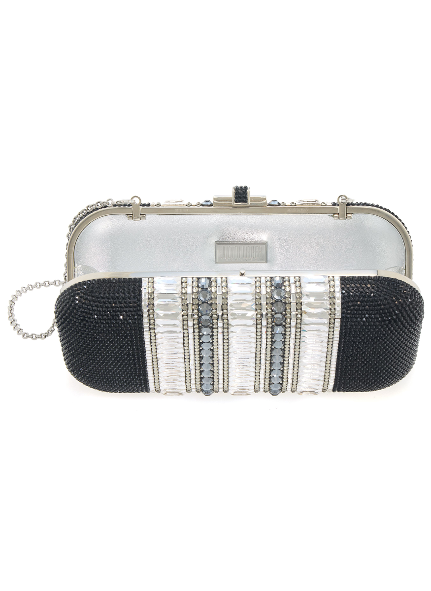 Long Slide Gems Silver Clutch in Black - Judith Leiber Couture