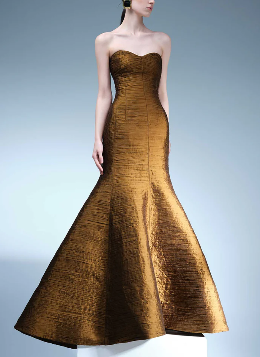 Pleated Taffeta Trumpet Gown