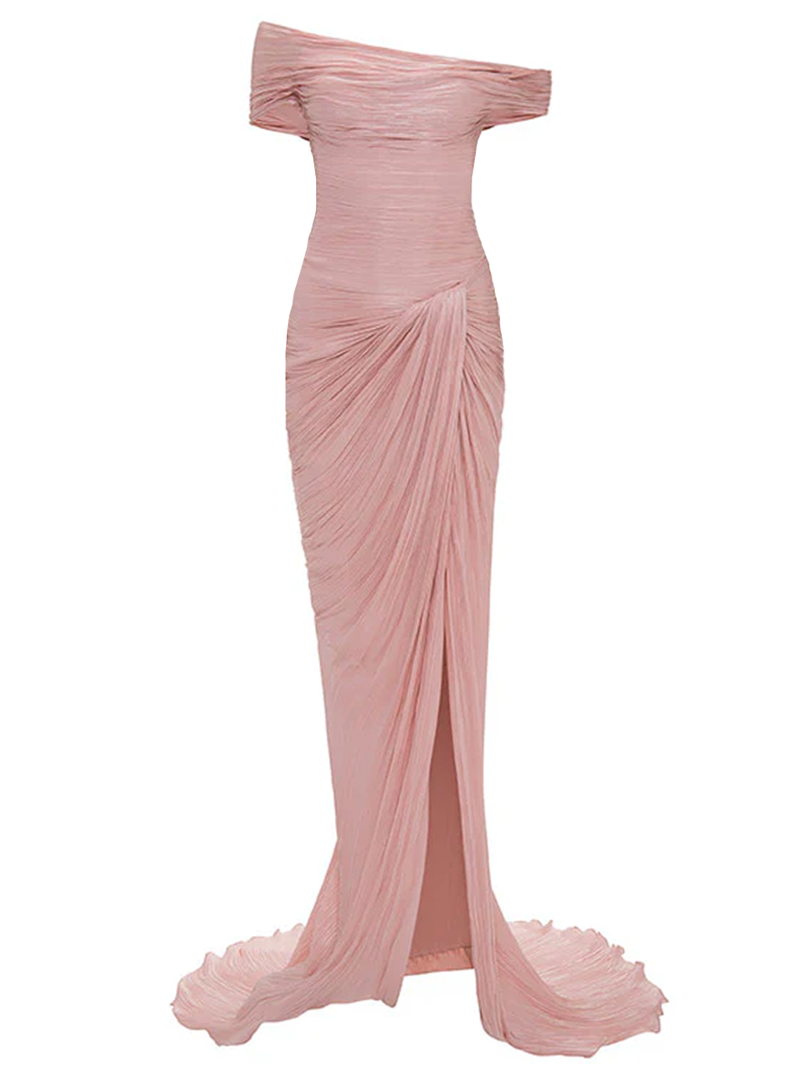 Hand-pleated Off-shoulder Gown