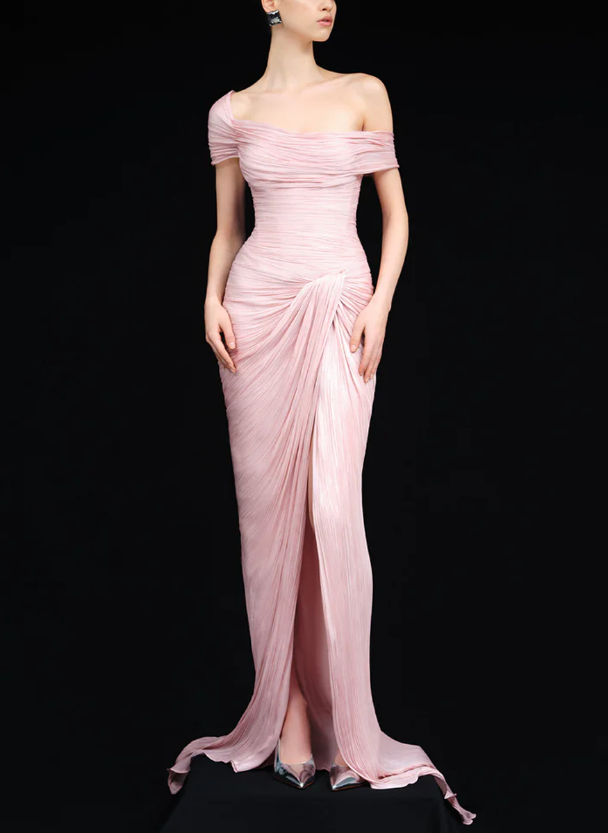 Hand-pleated Off-shoulder Gown