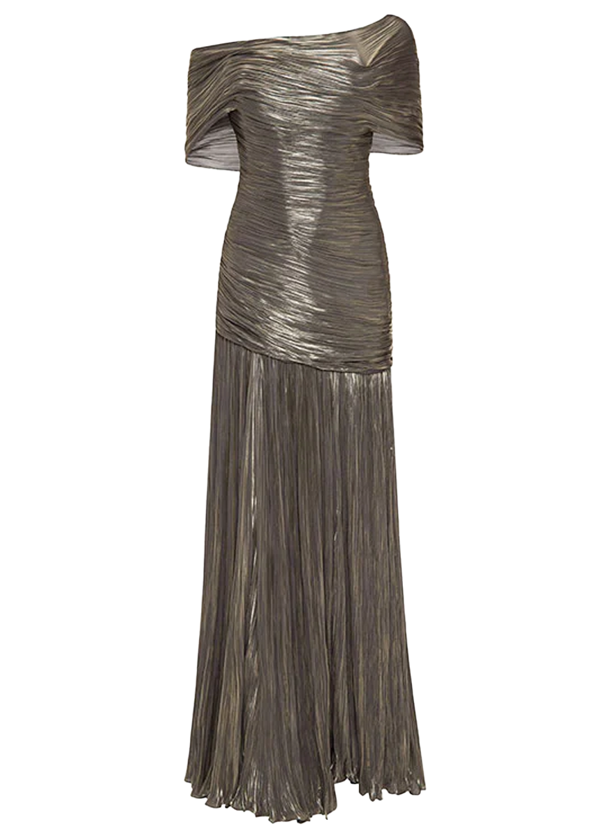 Pleated Off-Shoulder Gown with Fish Tail