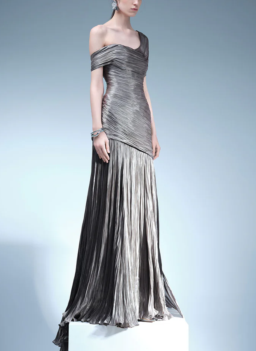 Pleated Off-Shoulder Gown with Fish Tail
