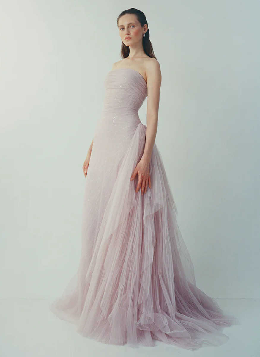 Yamara Strapless Pleated Tulle Gown
