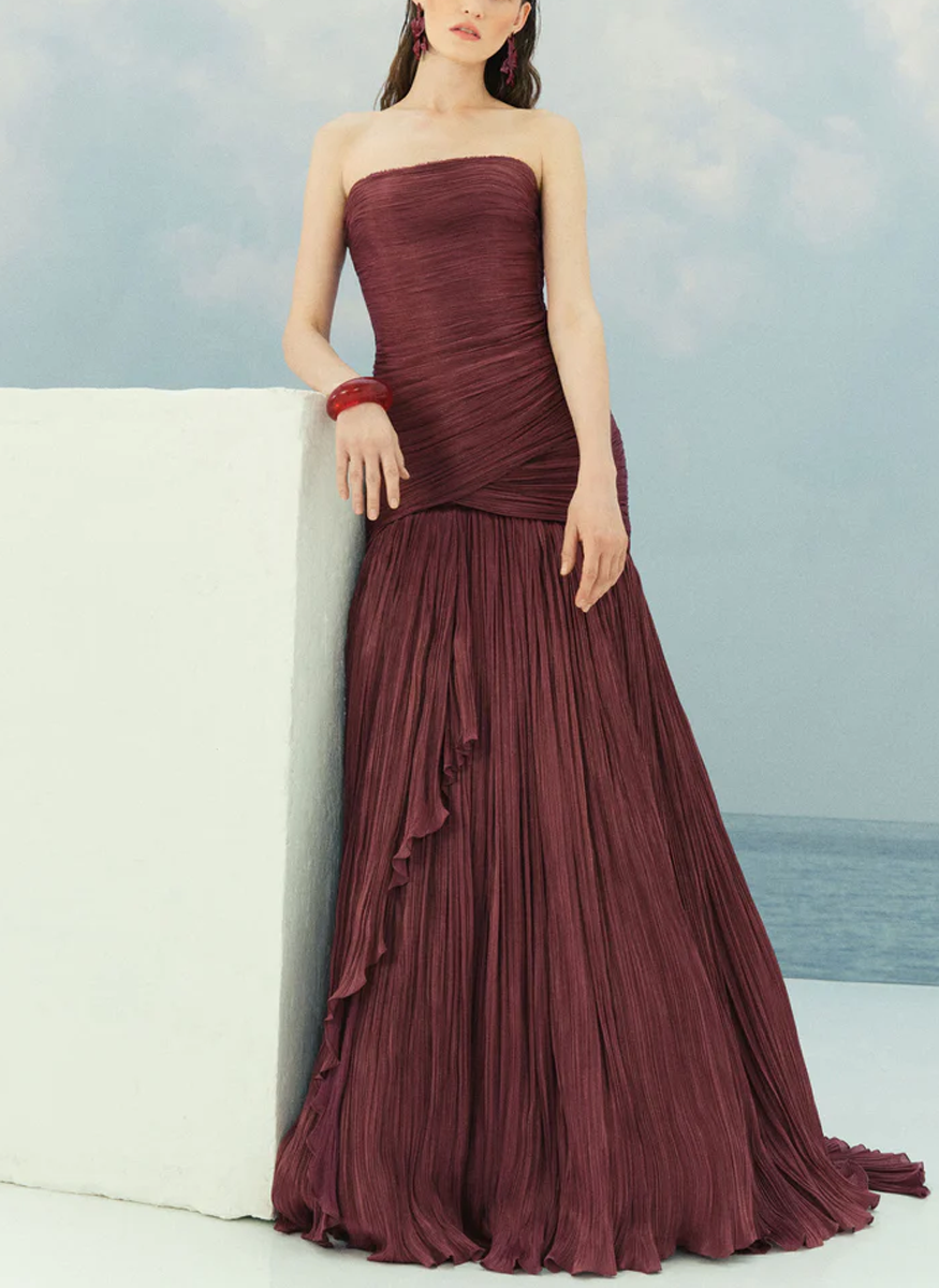Claudia Strapless Pleated Fish-Cut Silk Gown with Corset