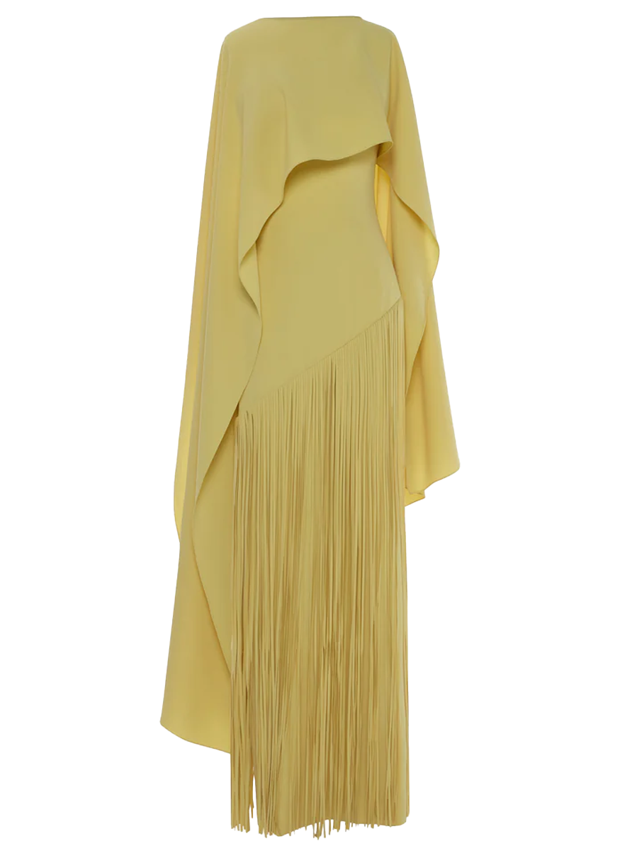 Crepe Strapless Fringe Gown with Cape